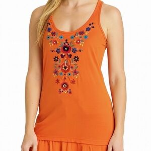 JOHNNY WAS Orange Cotton Tank Top Tunic‎ w/ Multicolor Embroidered Flowers XS